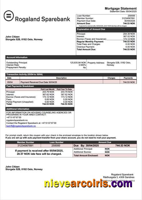 Norway Rogaland Sparebank mortgage statement Word and PDF template